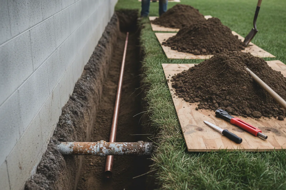 Excavated water line trench during Water Softener Installation in Fox River Grove